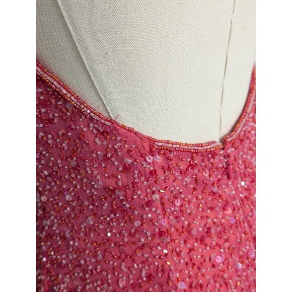 Vintage Y2K Scala Beaded Silk Halter Key Hole Backless Pink Double Slit Gown M - Picture 11 of 15